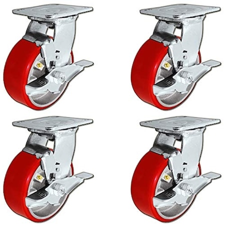 Casterhq 5"x2" Heavy Duty Swivel Caster, Red Polyurethane on Steel, PK4 MD5X2PISR-SET